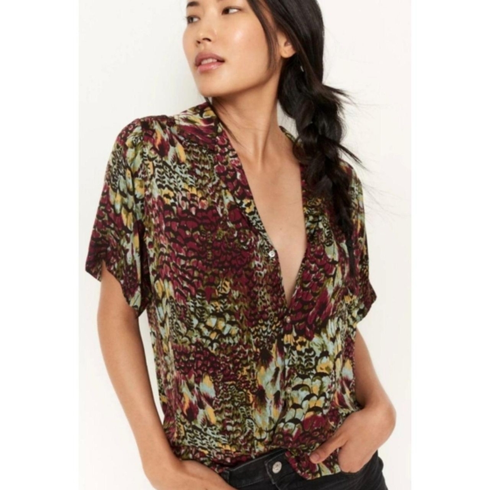 🖤❤️🩵 Anthropologie Tiny Postcard Viscose Rayon Short Sleeve Blouse, S - Picture 1 of 11